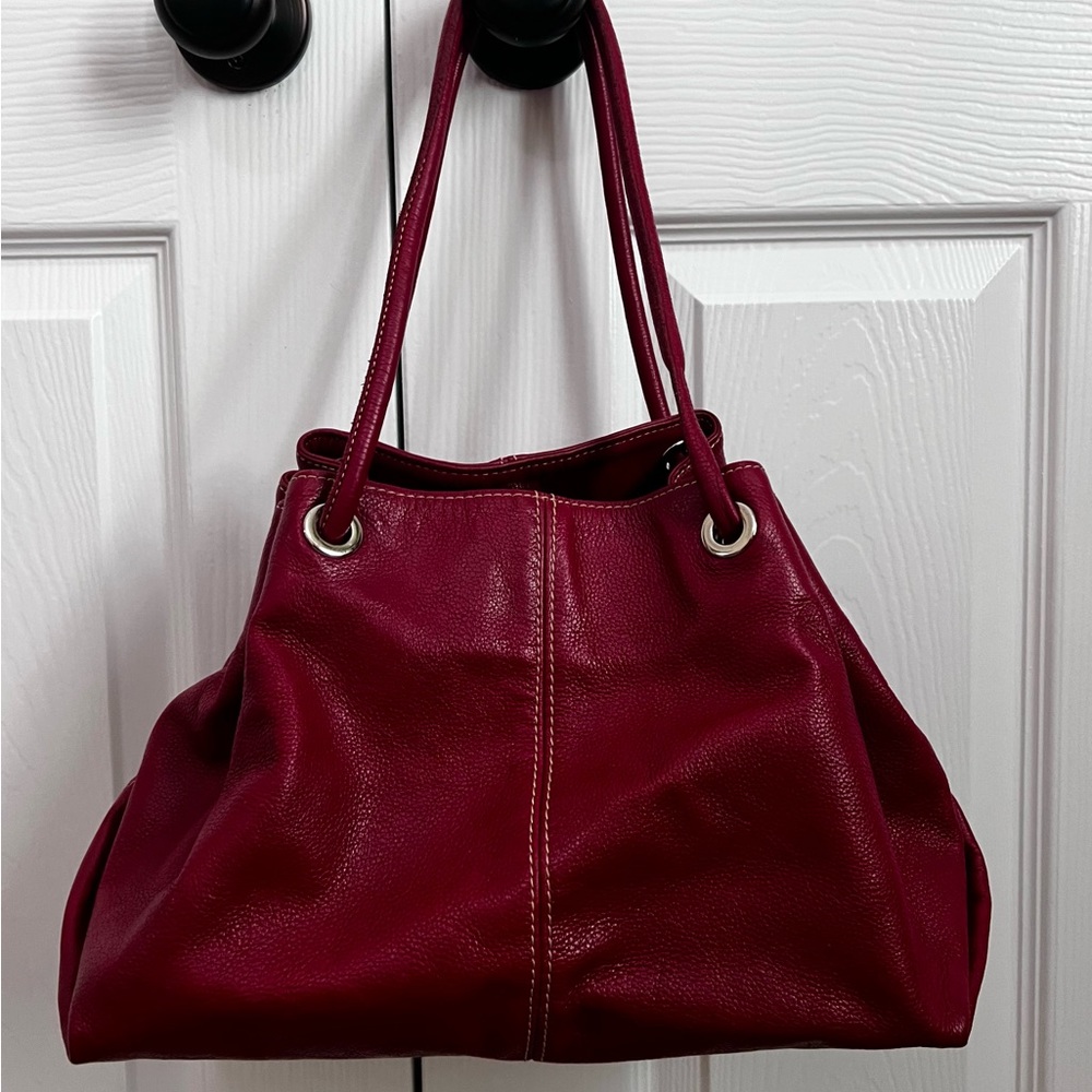 Red Leather Pouch Double Handle Draw String Handb… - image 1